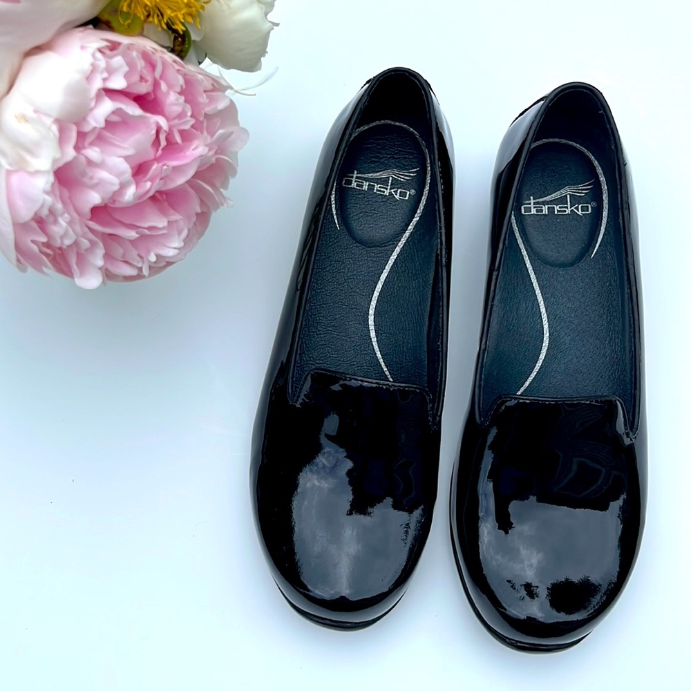 Black patent leather Dansko Olivia loafer slip-on